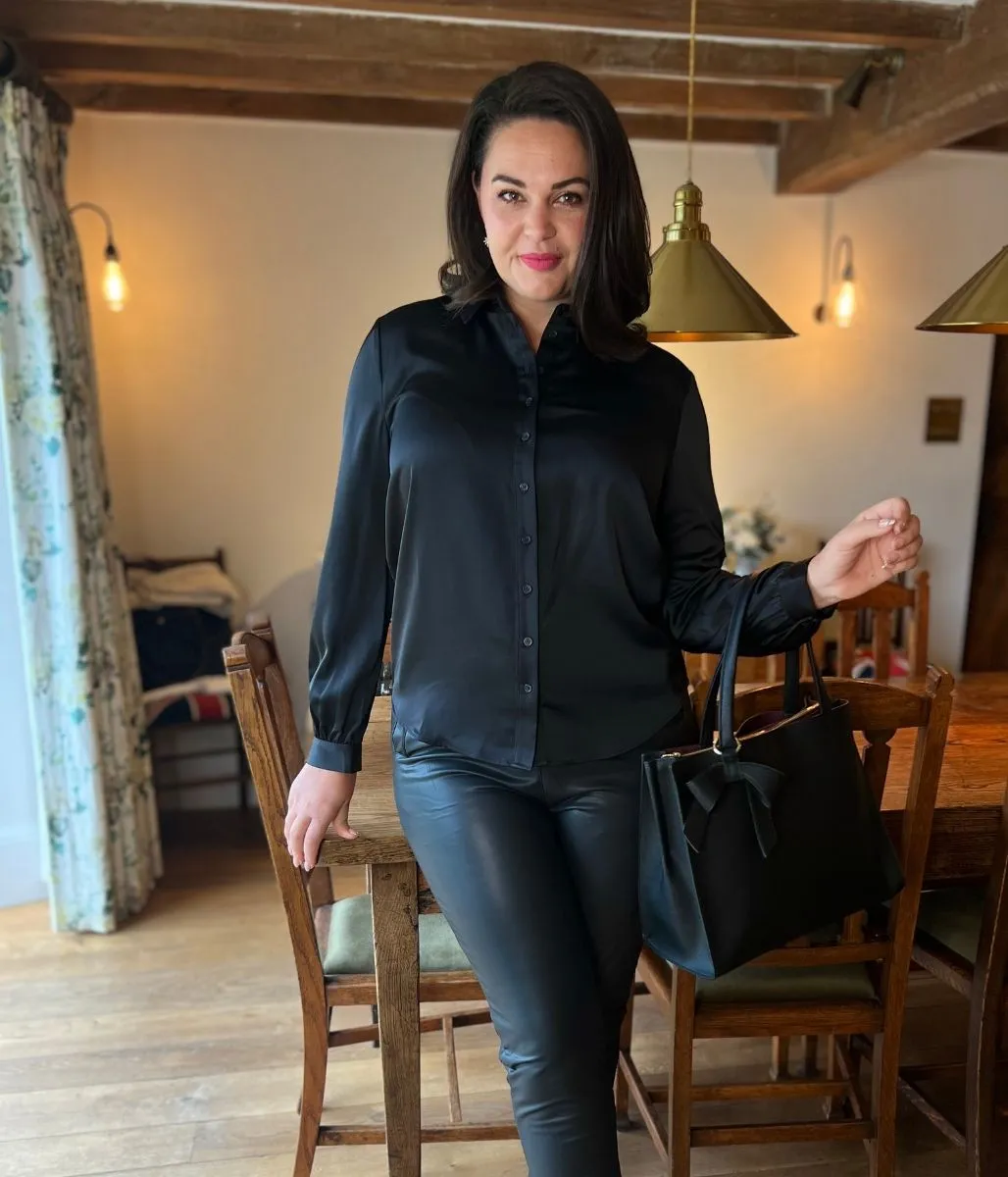 Black Millie Satin Shirt Soft Cotton Blend Comfortable Fabric