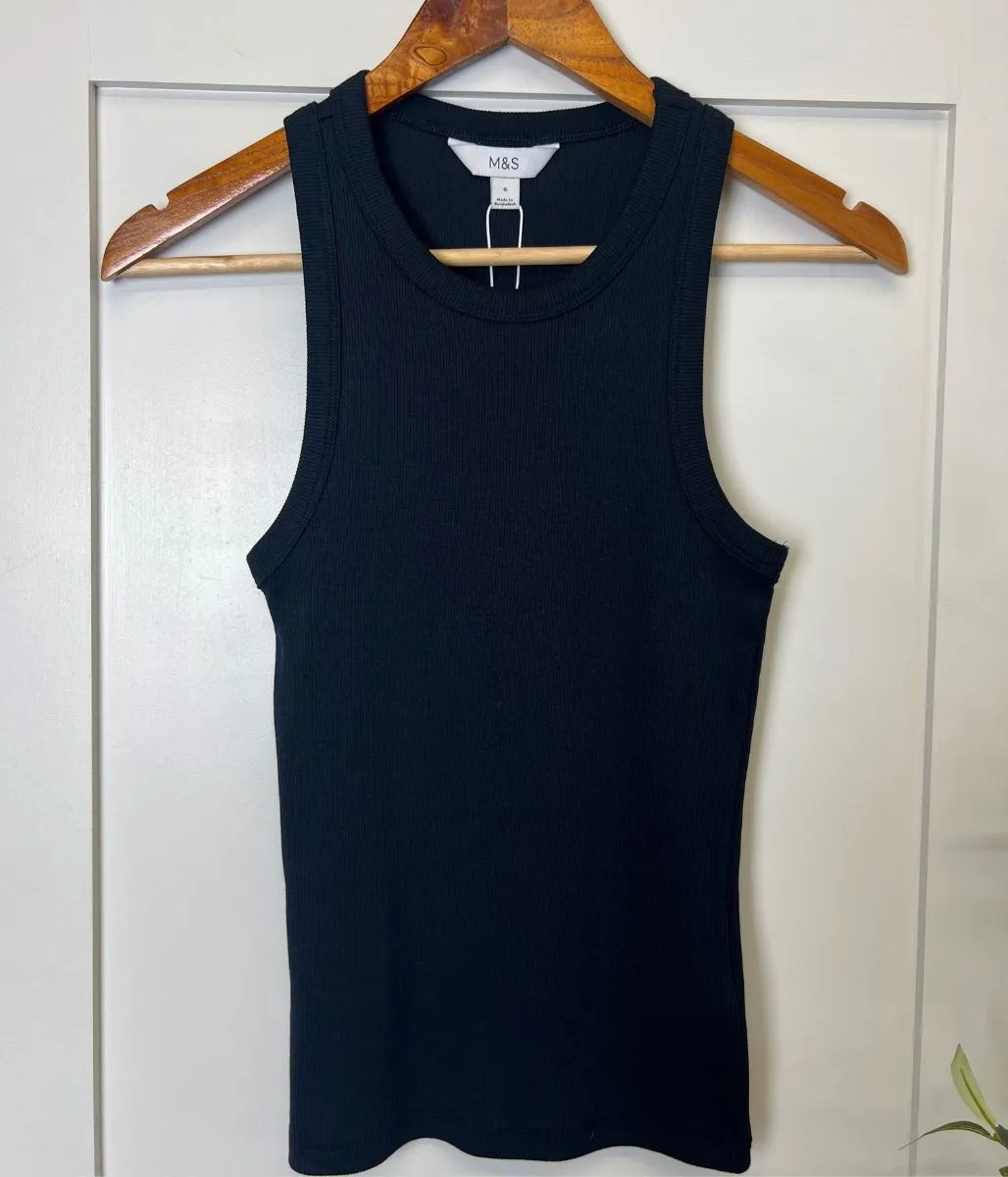 Black Ribbed Vest Top BreathableMeshPanel