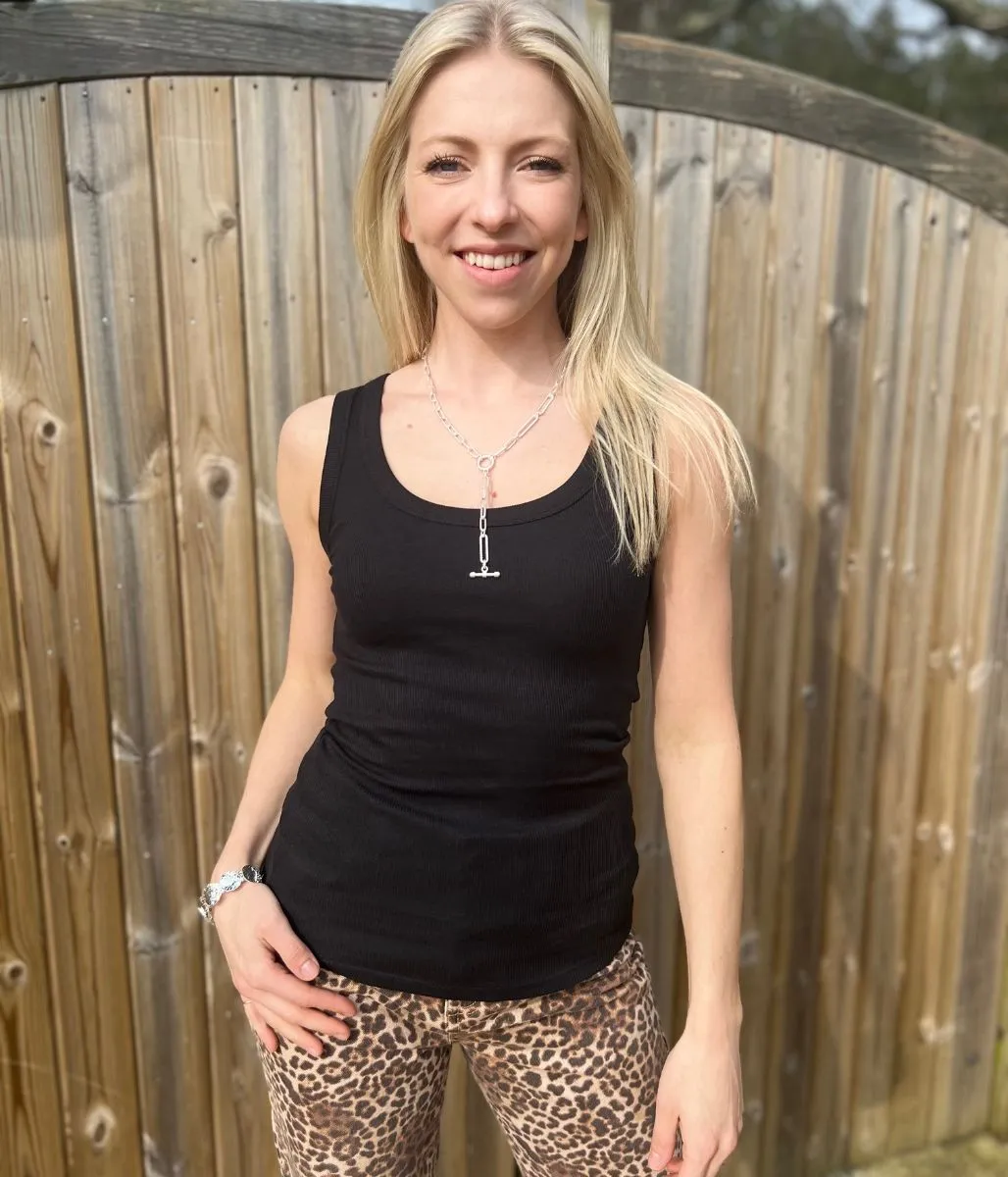 Antimicrobial Finish Black Scoop Neck Ribbed Vest Top