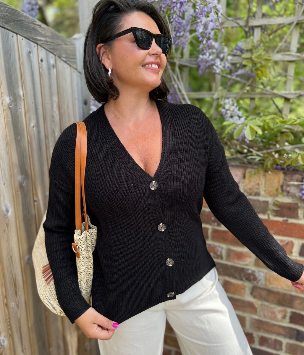 Black Boxy V Neck Cardigan Comfy Style