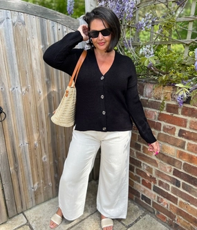 Black Boxy V Neck Cardigan Adaptive Fit Silhouette Comfortable Design