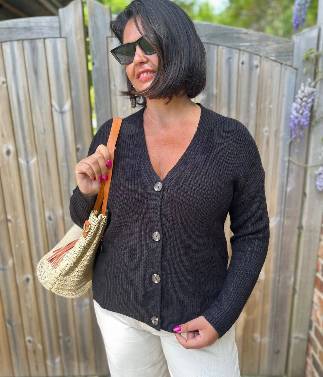 Comfy Winter Wear Soft and Cozy Black Boxy V Neck Cardigan