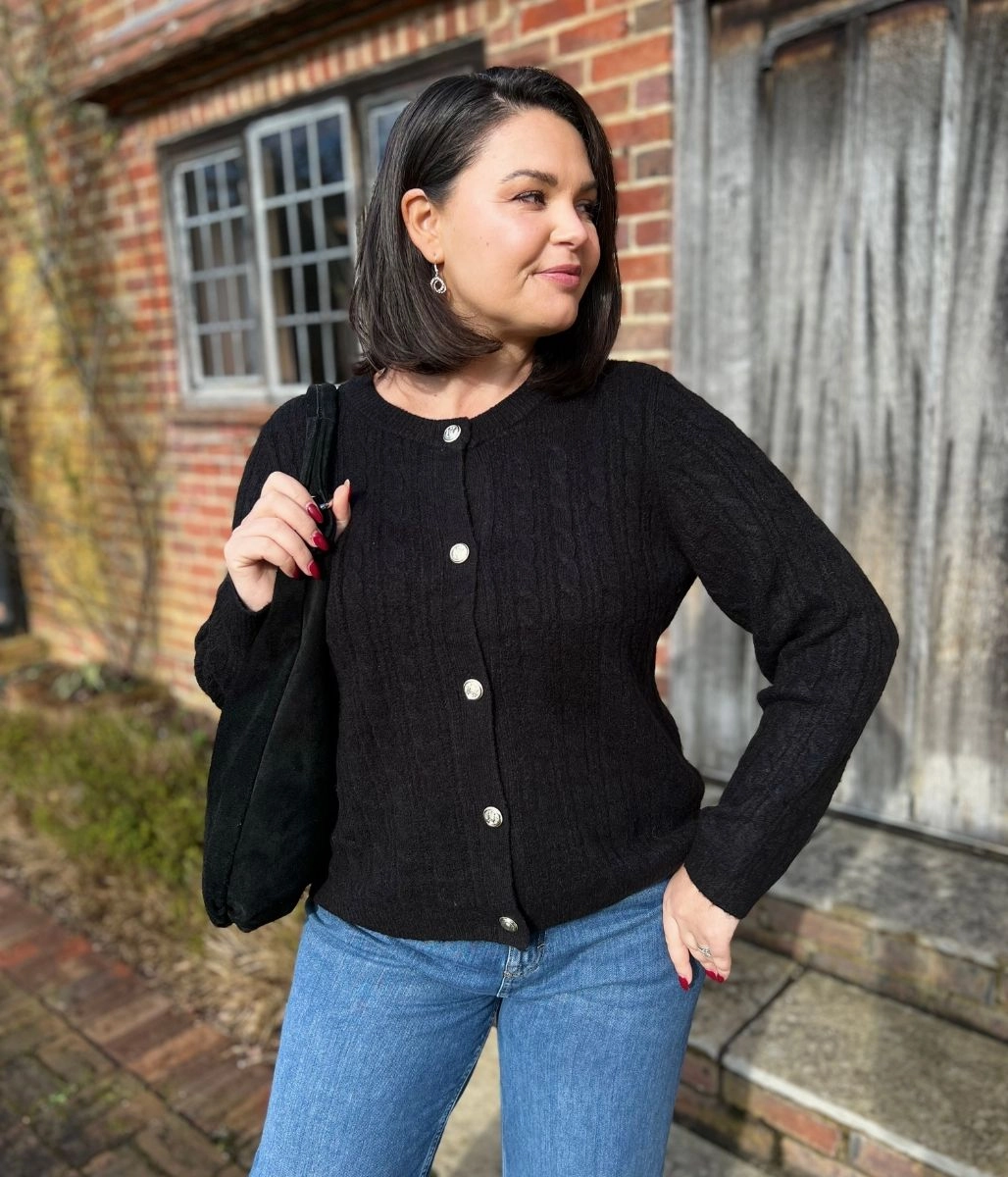 Basic Layer Trendy Layering Black Cable Knit Classic Cardigan