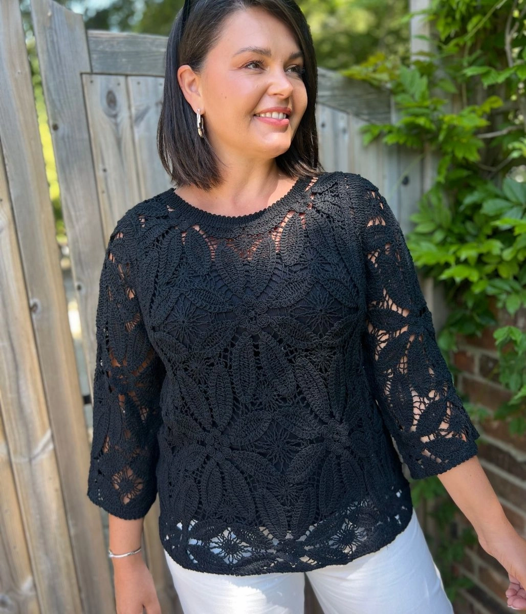 Black Crochet 3/4 Sleeve Top Flexible Fabric Seamless Construction Design