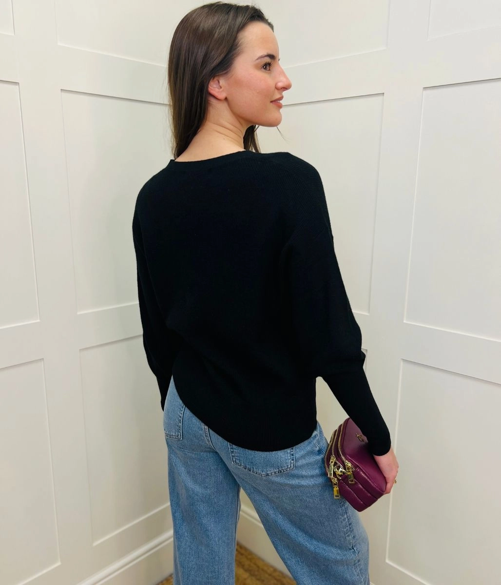 Black Fine Ribbed V Neck Jumper fuzzy texture