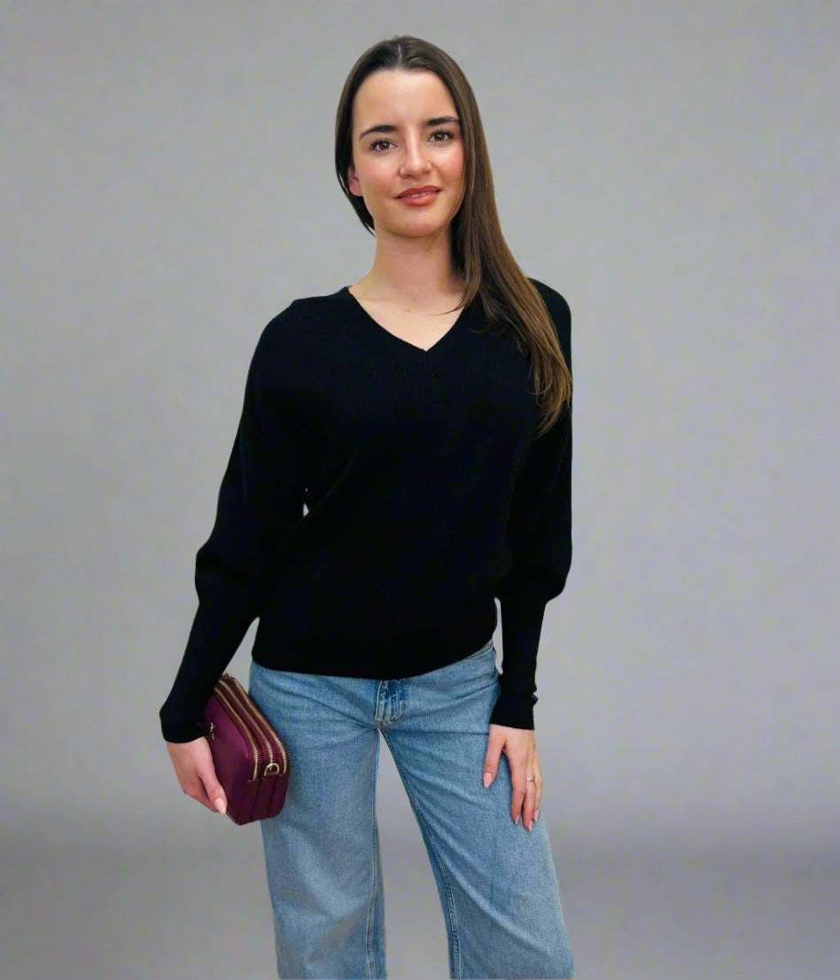 Zero Waste Production Black Fine Ribbed V Neck Jumper