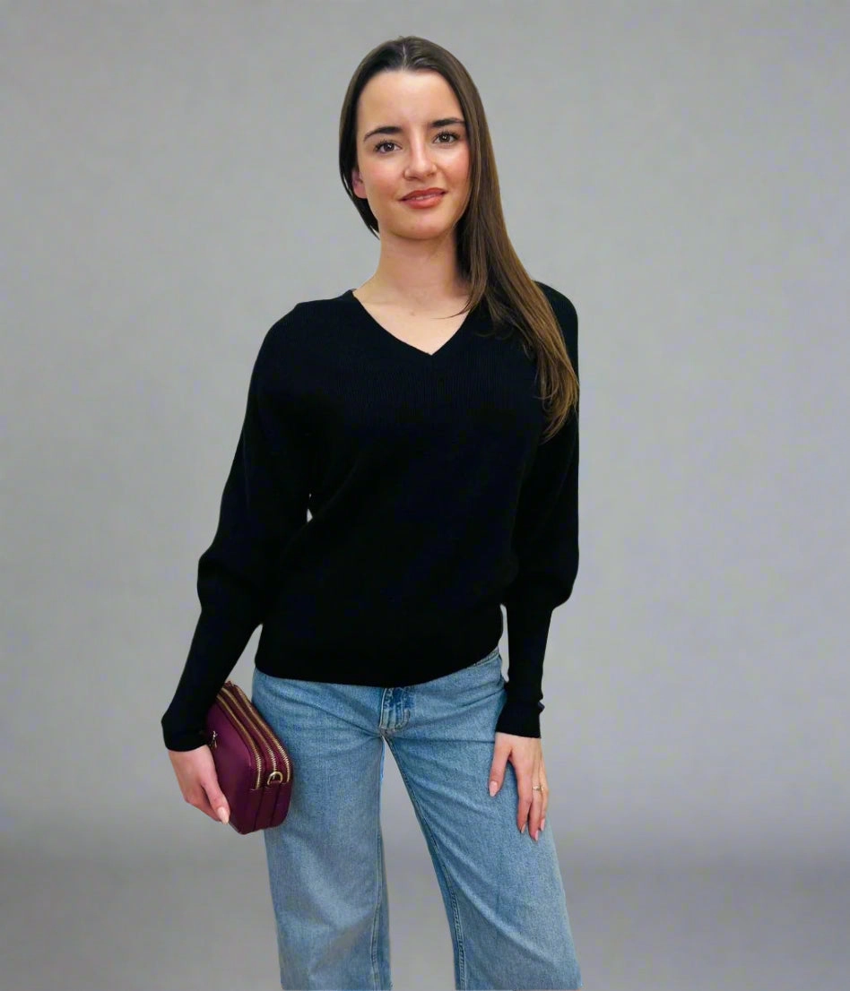 Black Fine Ribbed V Neck Jumper Timeless Layer Soft and Cozy