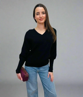 Zero Waste Production Black Fine Ribbed V Neck Jumper