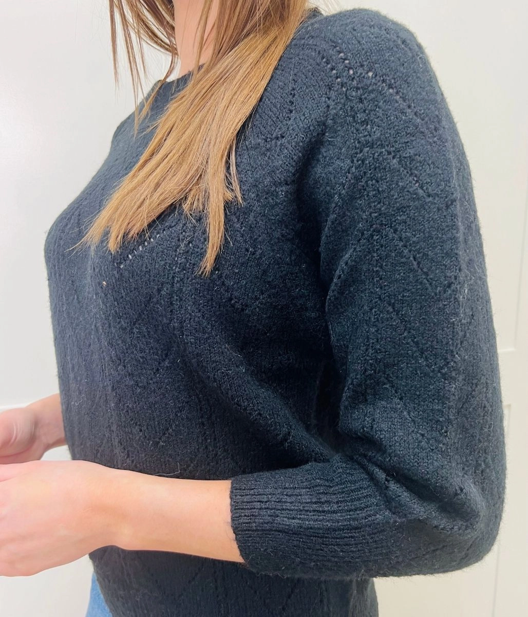 Black Pointelle Crew Neck Jumper Classic Comfort Sporty Look