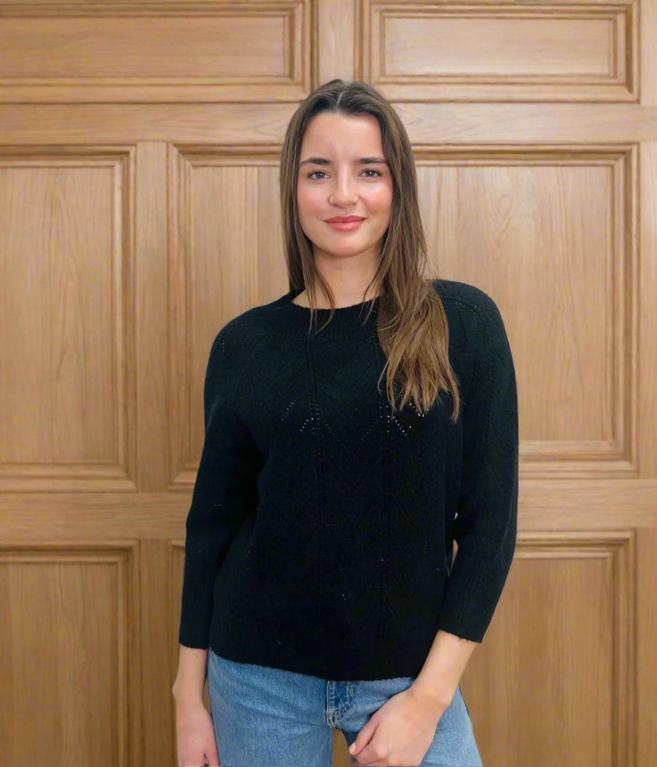Long Lasting Elasticity Black Pointelle Crew Neck Jumper