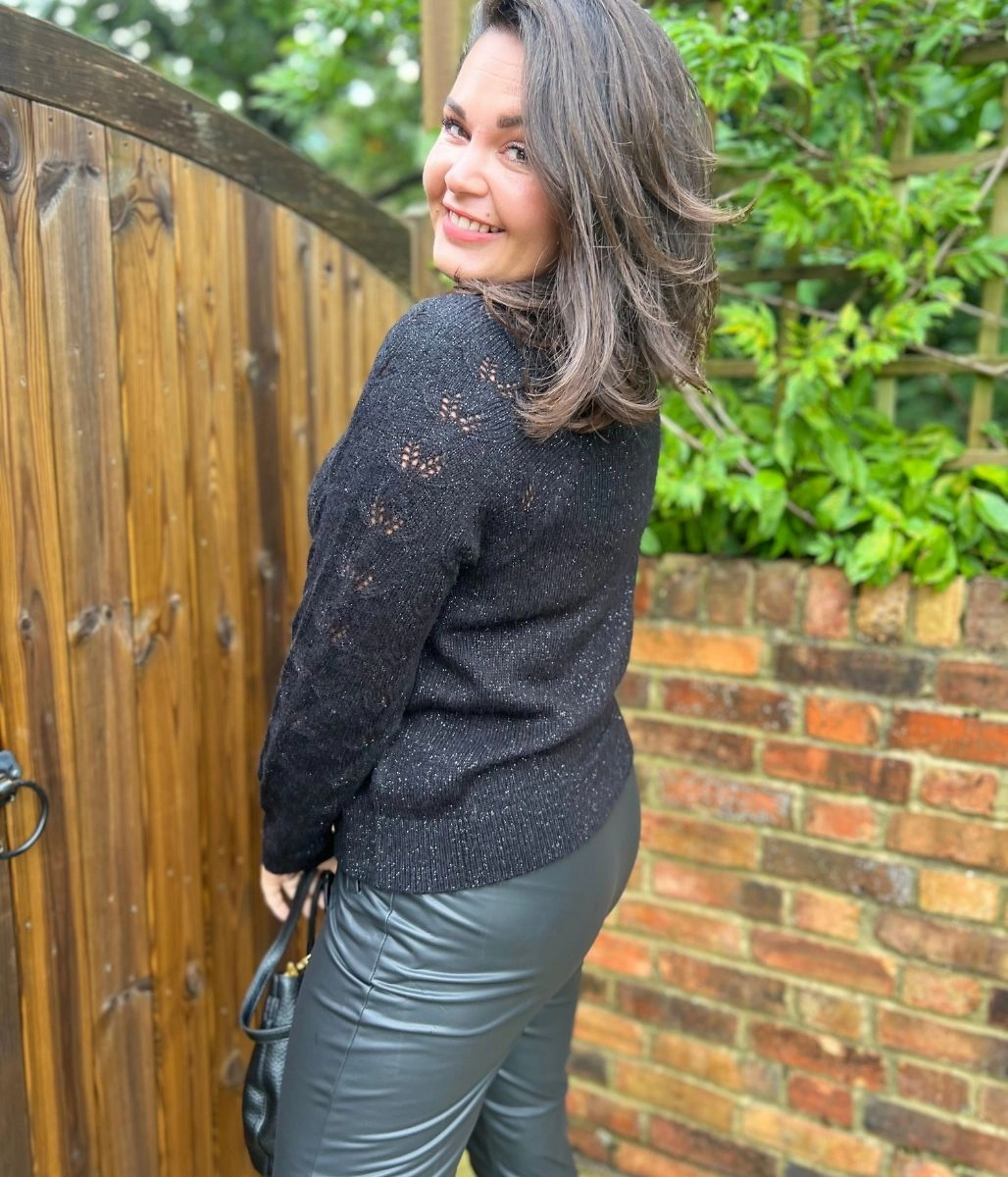 Black Pointelle Sparkle Jumper Flexible Collar Opening Soft Layering