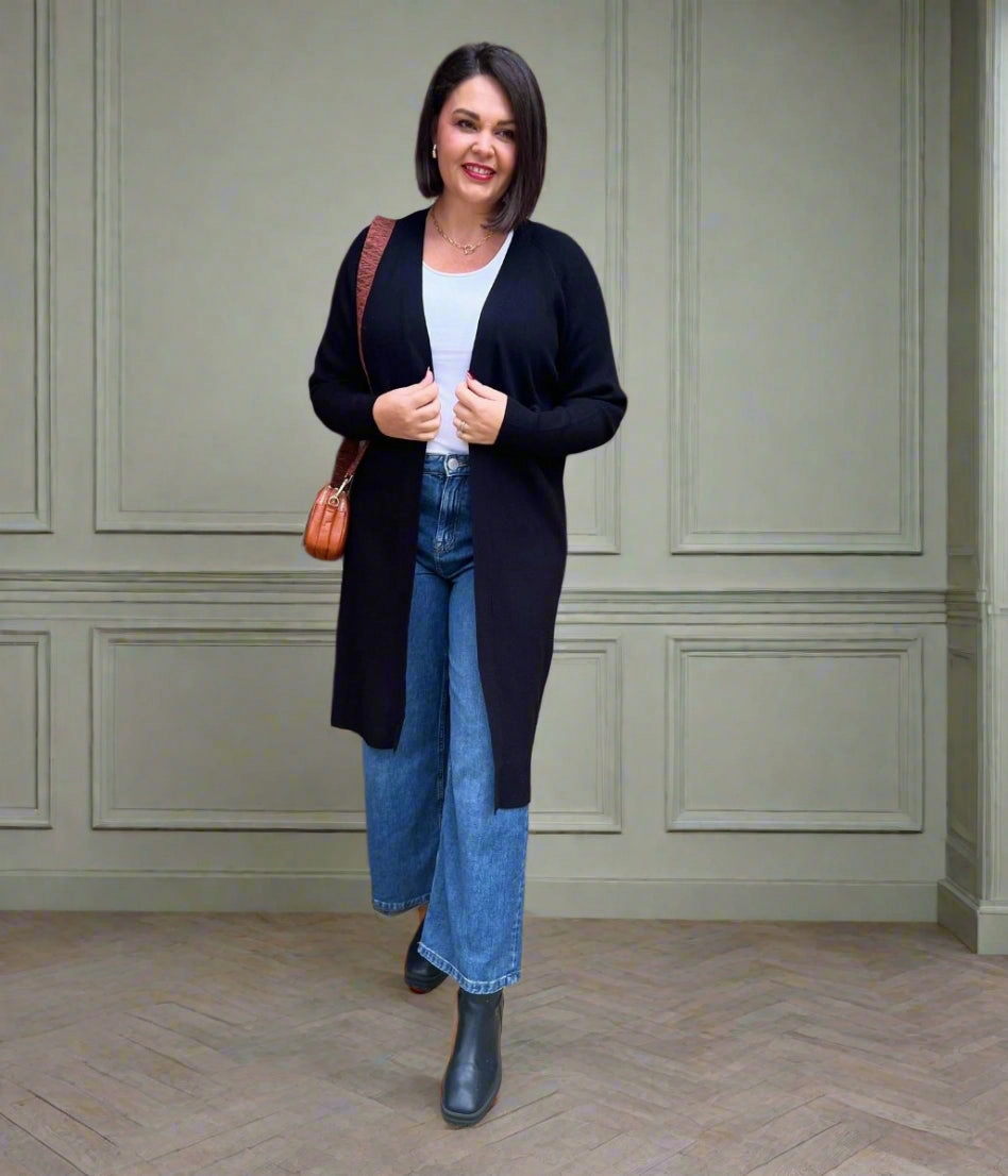 Anti Snag Fabric Slim Design Fit Black Ribbed Longline Cardigan