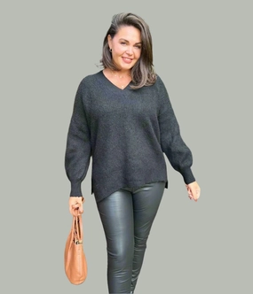Black Ribbed V Neck Jumper Relax Fit Design Functional Knit