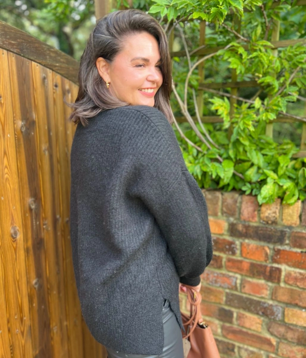 Black Ribbed V Neck Jumper Stretch Flex