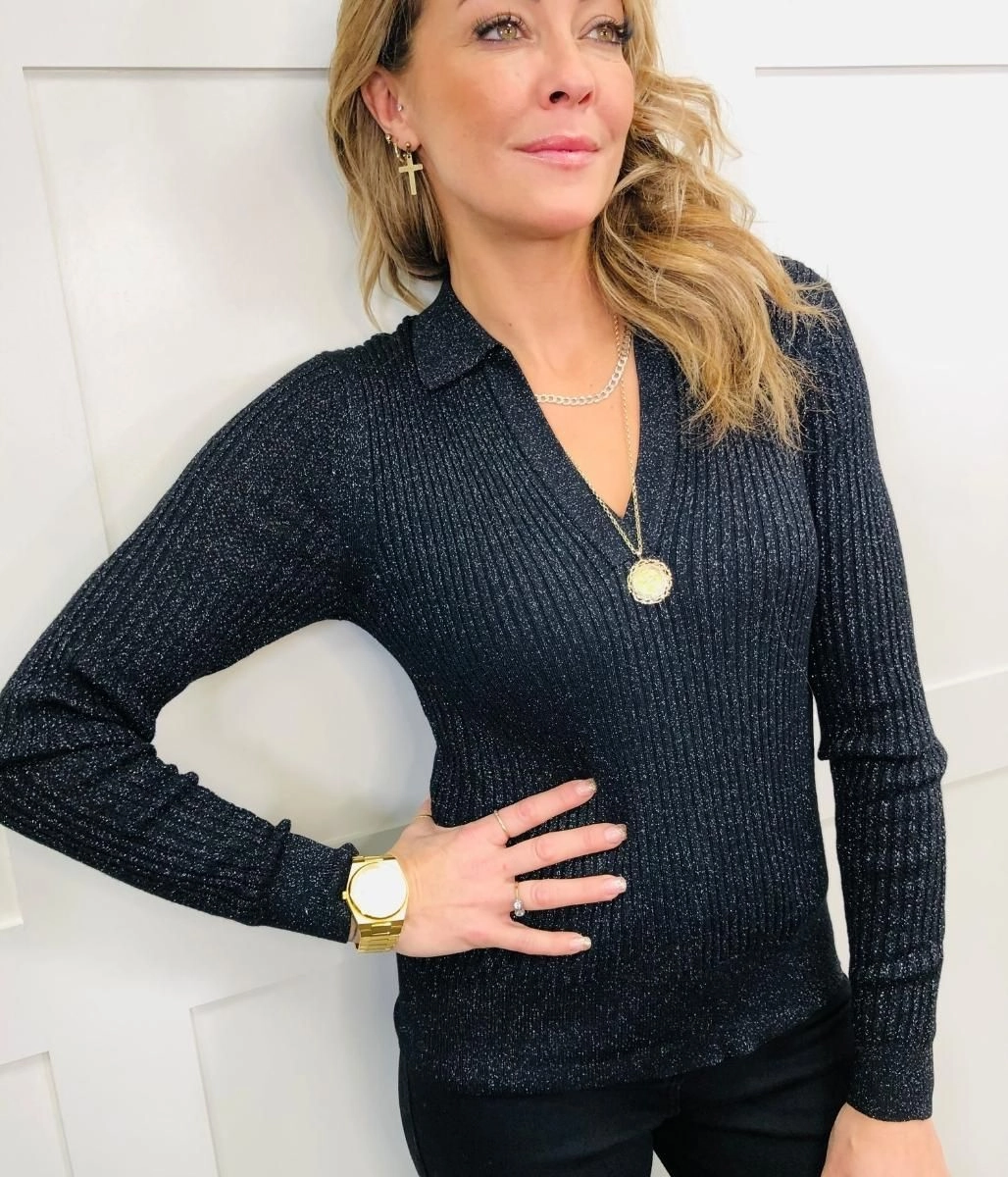 Black Sparkly Ribbed Collared Jumper Flex Knit Ribbing Comfy Hug