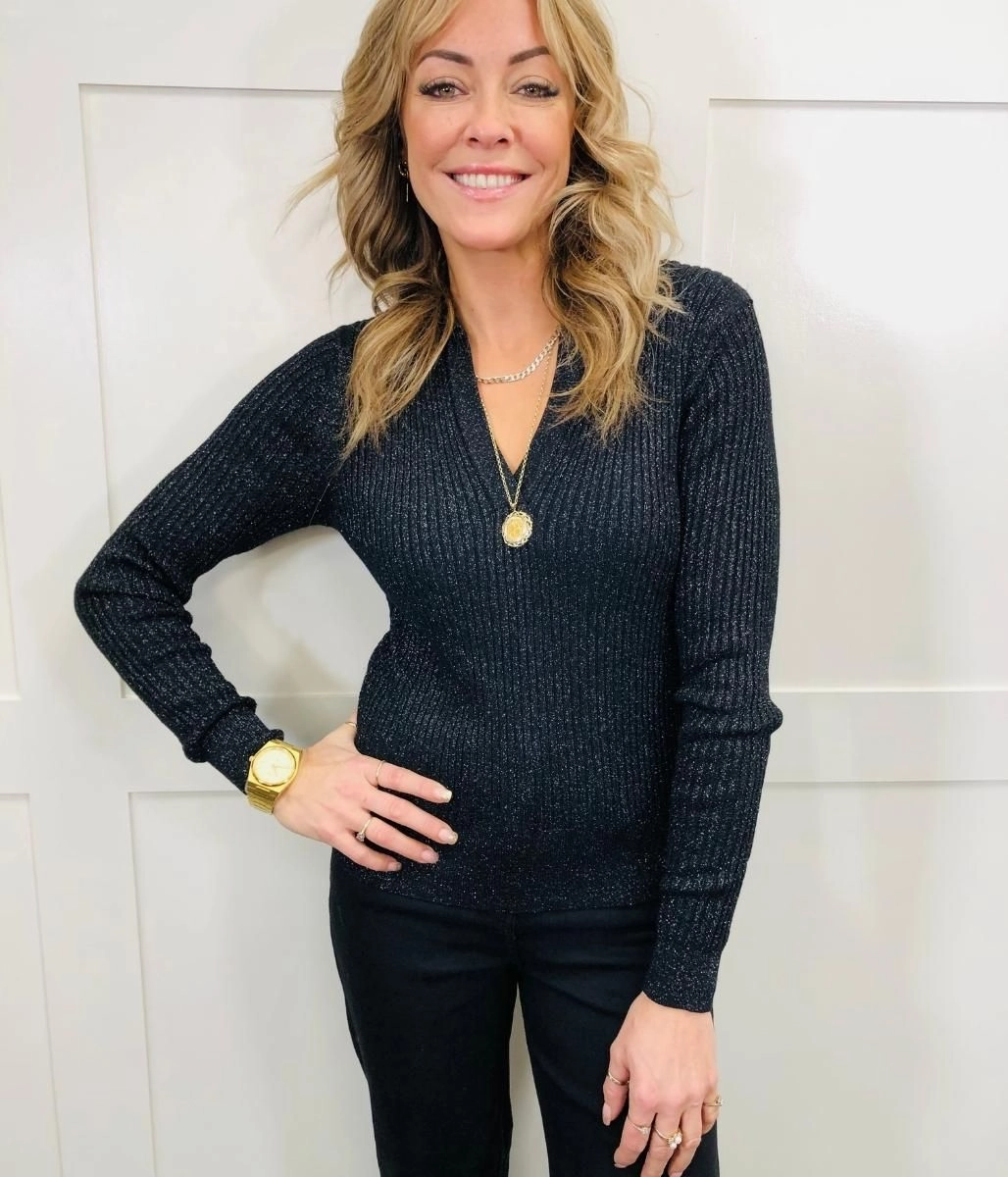 Black Sparkly Ribbed Collared Jumper Perfect Stretch