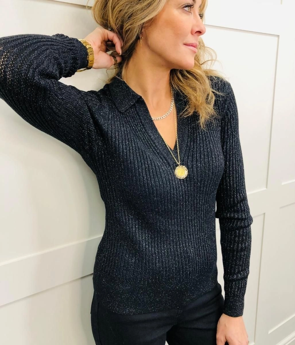 Black Sparkly Ribbed Collared Jumper Layered Look