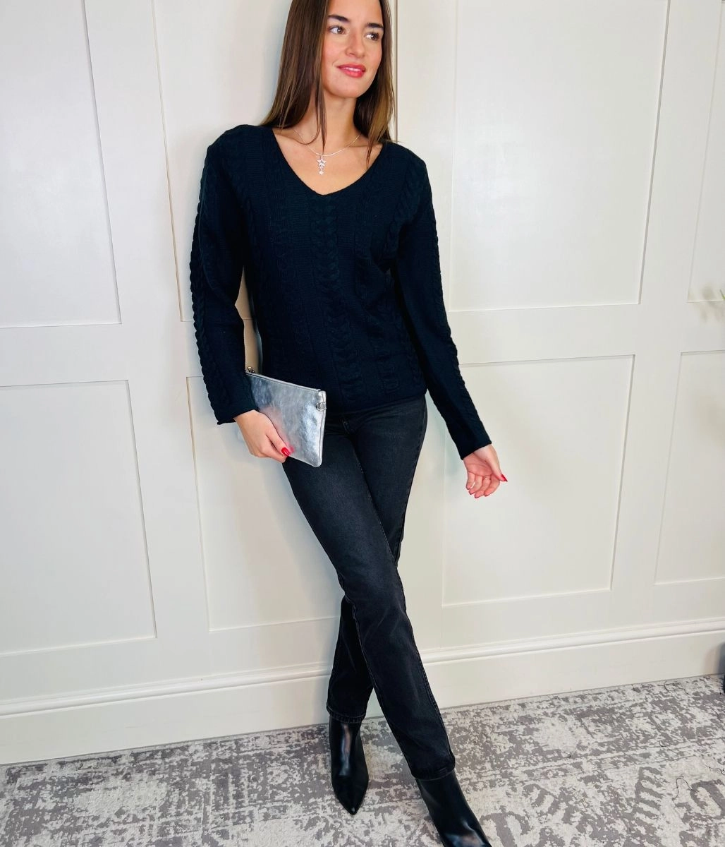 Black V Neck Cable Jumper Stretchable Design Relaxed Wearable