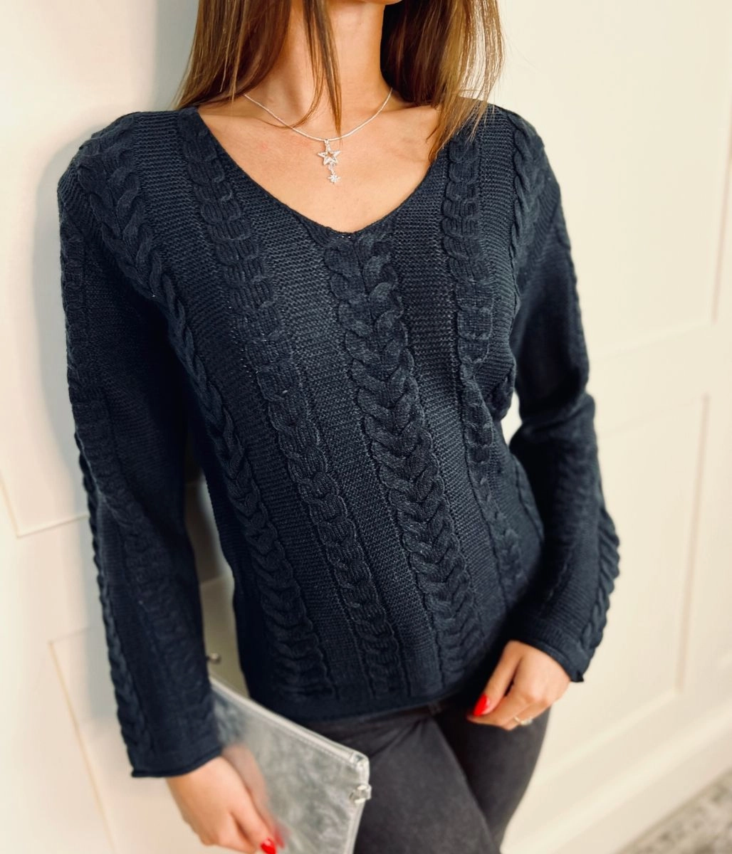 Black V Neck Cable Jumper Versatile Fit Casual Flex