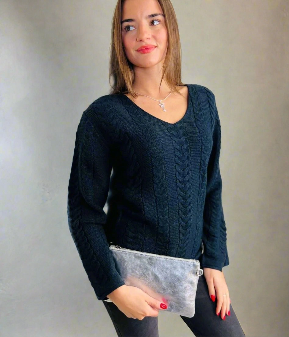 Natural Fiber Blend Black V Neck Cable Jumper