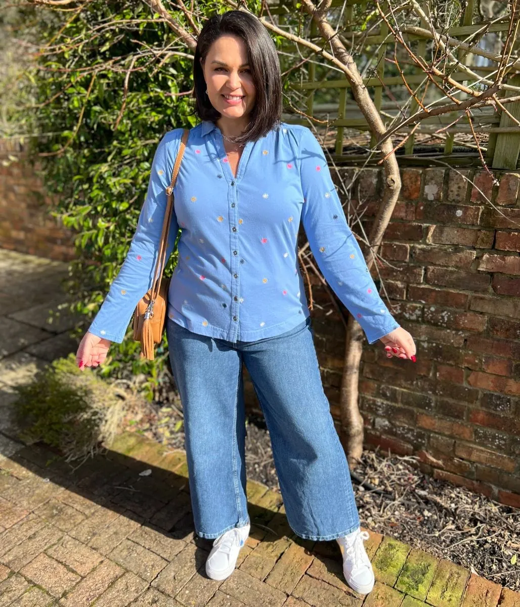 Blue Embroidered Annie Jersey Shirt Smooth Stitching FrictionResistant Trim