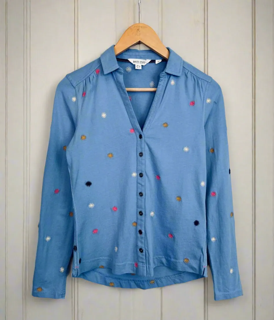 Blue Embroidered Annie Jersey Shirt TonalStitching DoubleLayeredShoulders