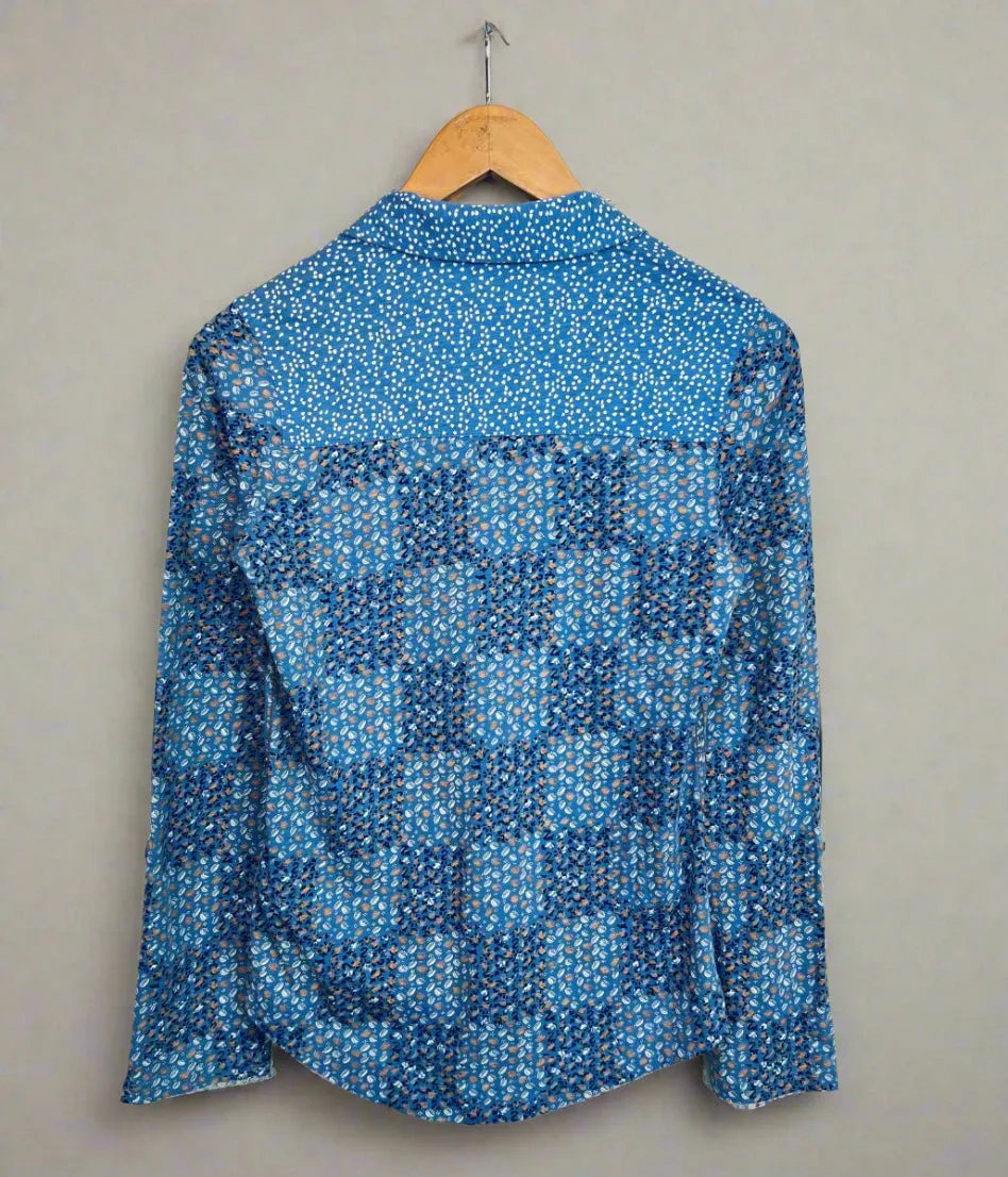 Compact Thermal Insulation UV Protective Coating Blue Patchwork Print Annie Jersey Shirt
