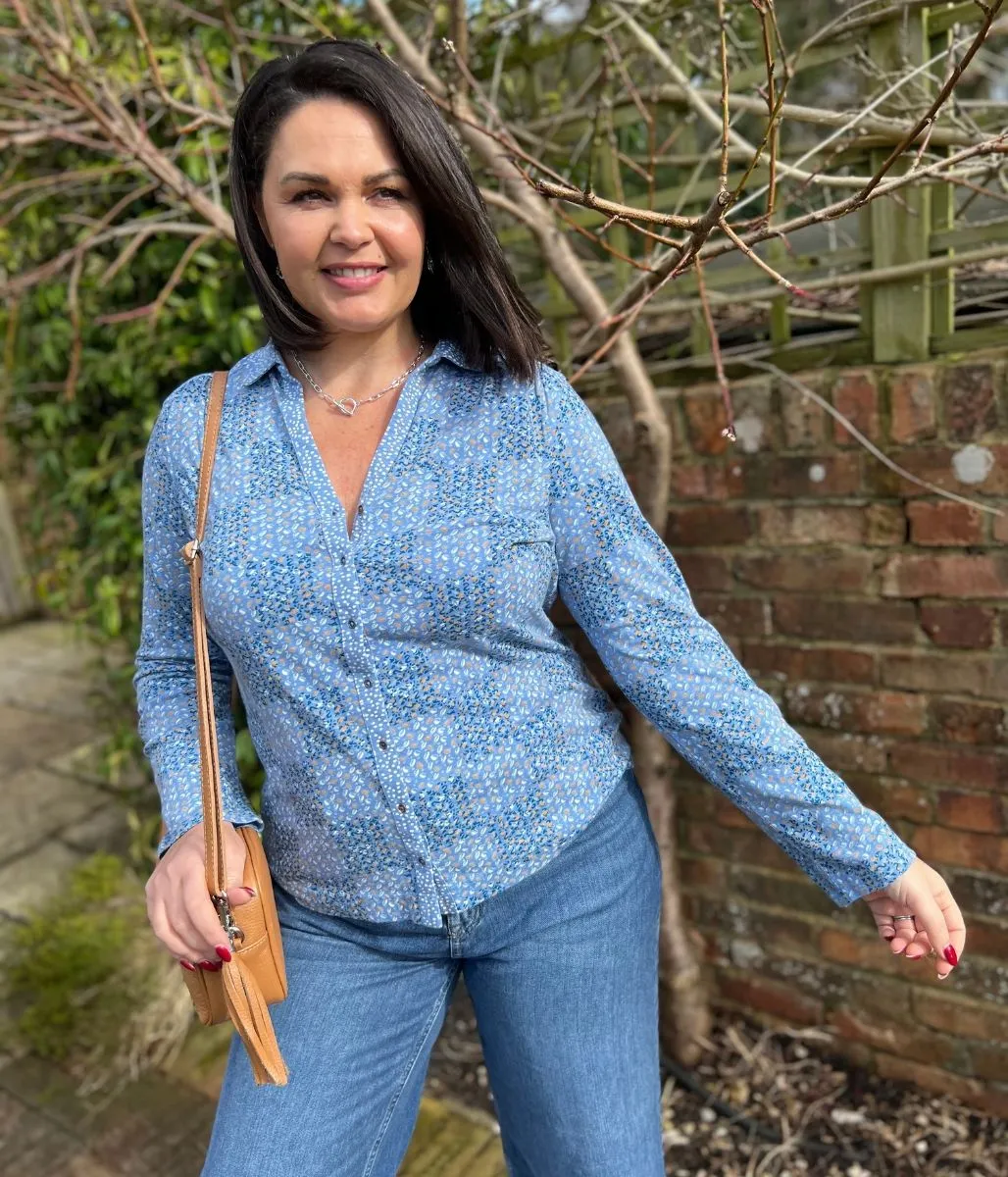 Blue Patchwork Print Annie Jersey Shirt Anti Pilling Treatment