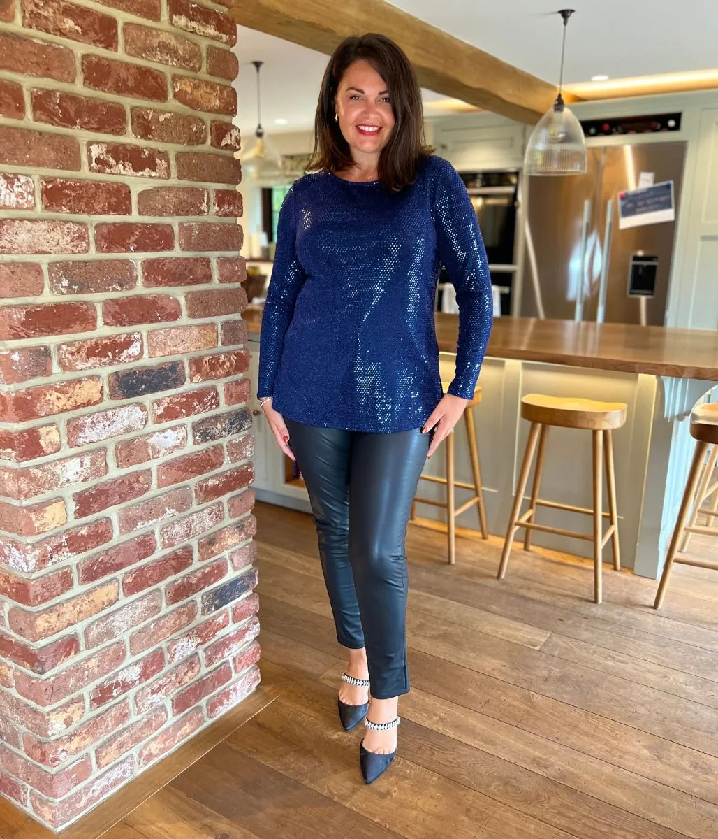 Blue Sparkle Cowl Back Tunic Top Ventilated Panel Design Minimalist Silhouette Cut