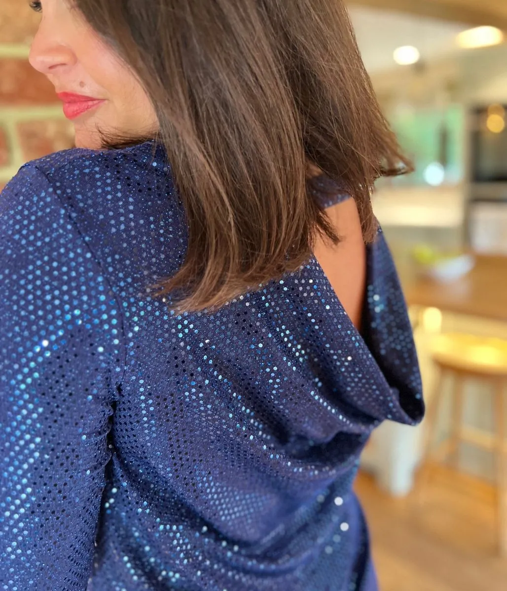 Convertible Sleeve Adaptation Blue Sparkle Cowl Back Tunic Top