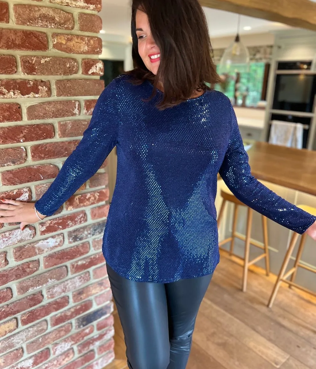 Blue Sparkle Cowl Back Tunic Top Stylish Dress Flexible Ribbed Cuffs