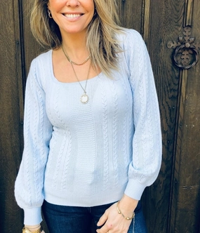 Stylish Everyday Wear Sleek Movement Blue Square Neck Cable Knit Jumper