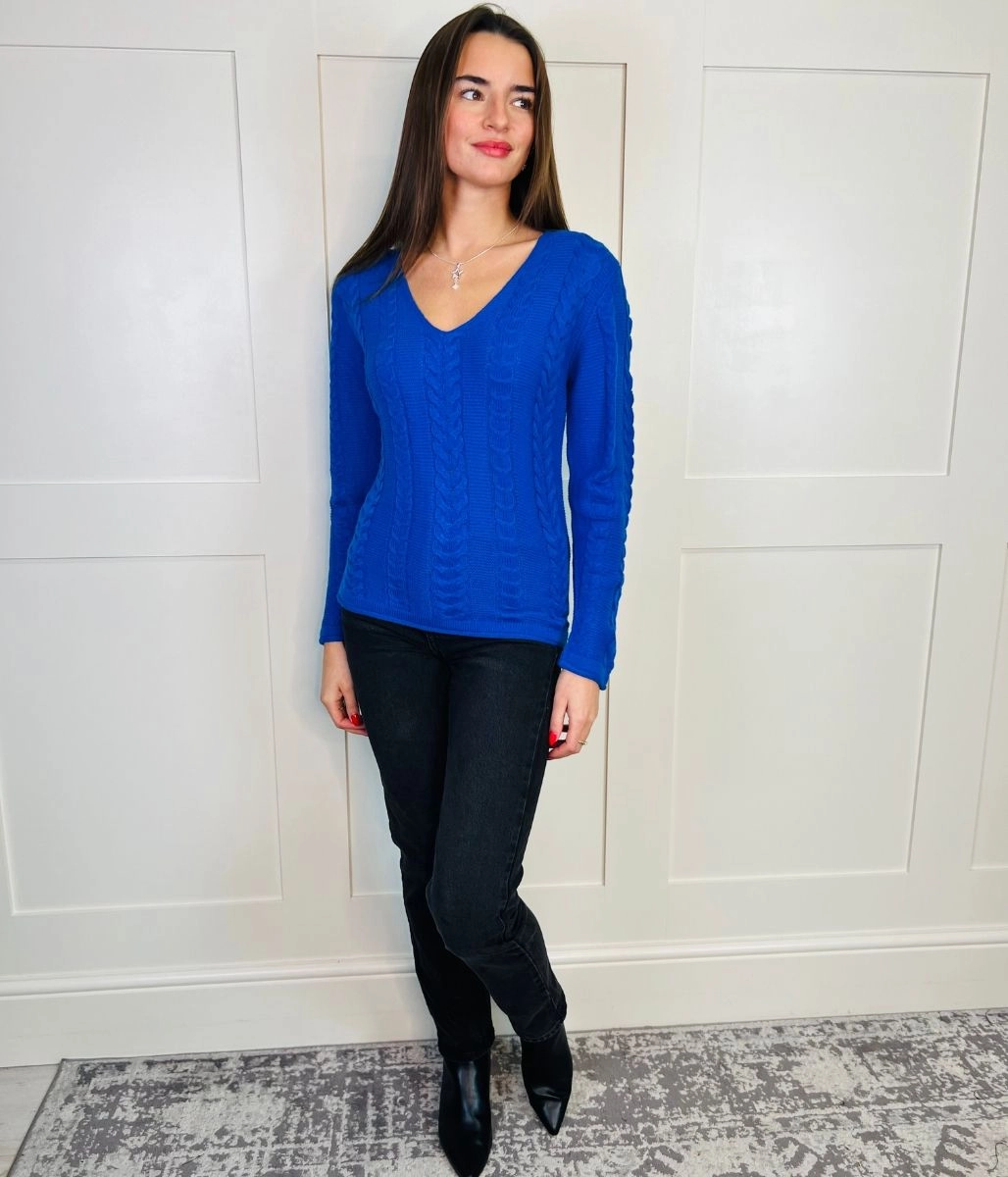 Roomy Fit Blue V Neck Cable Jumper