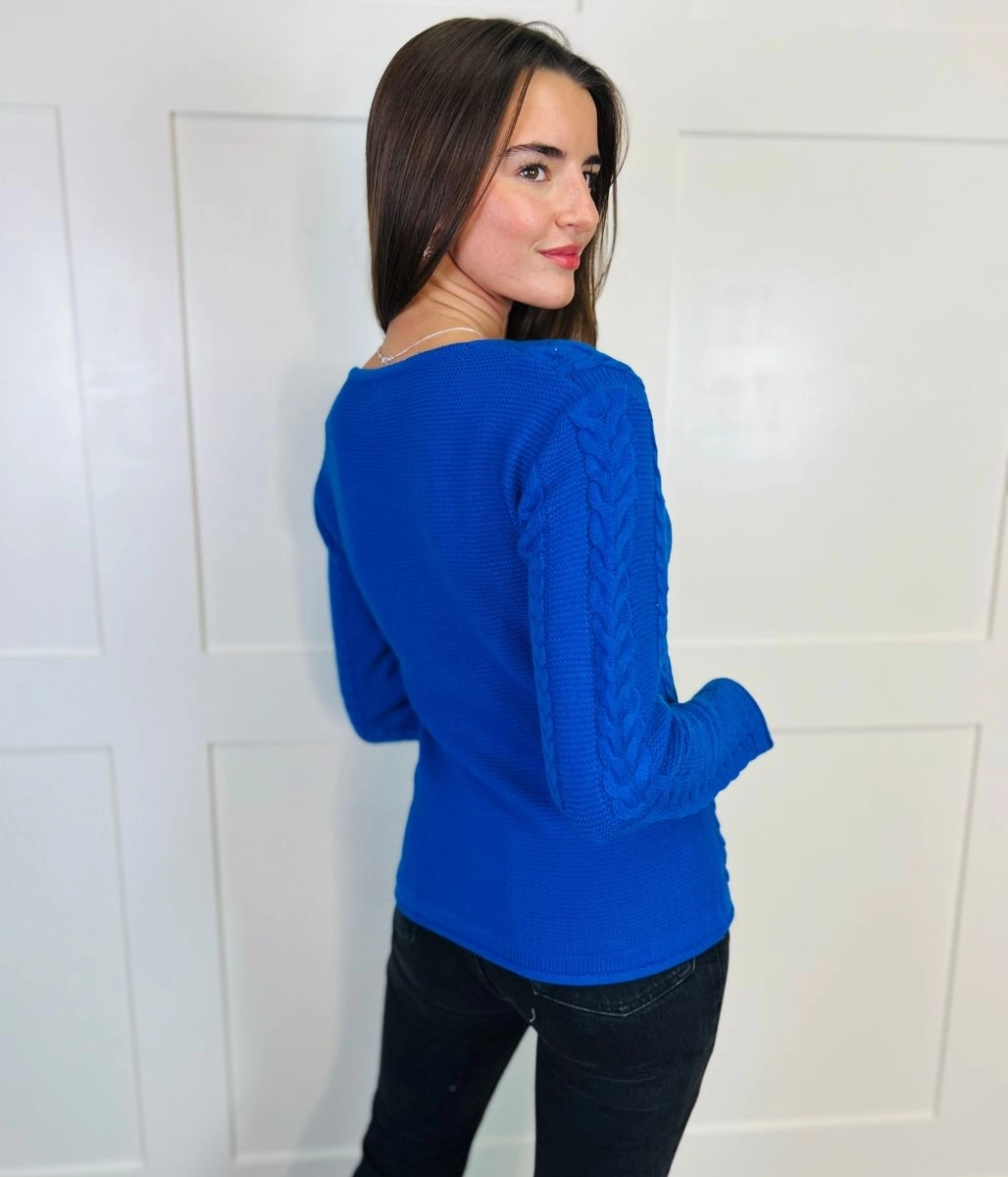 Reinforced Edging Blue V Neck Cable Jumper