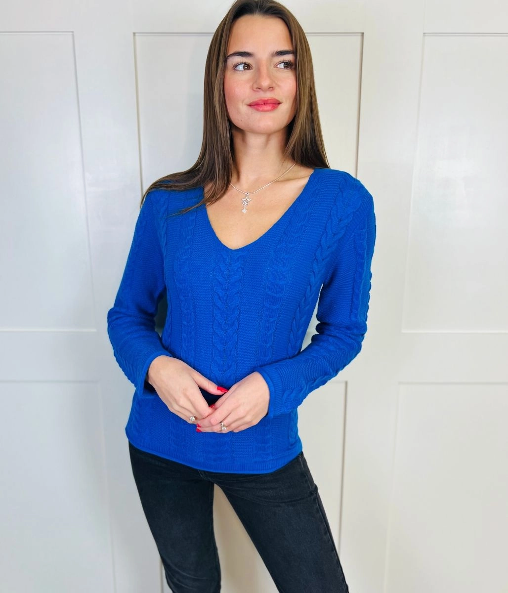 Layered Style Wear Blue V Neck Cable Jumper