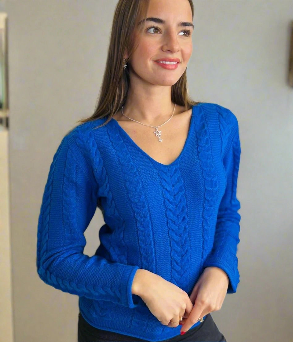 Blue V Neck Cable Jumper Comfy Feel Drop Shoulder Design