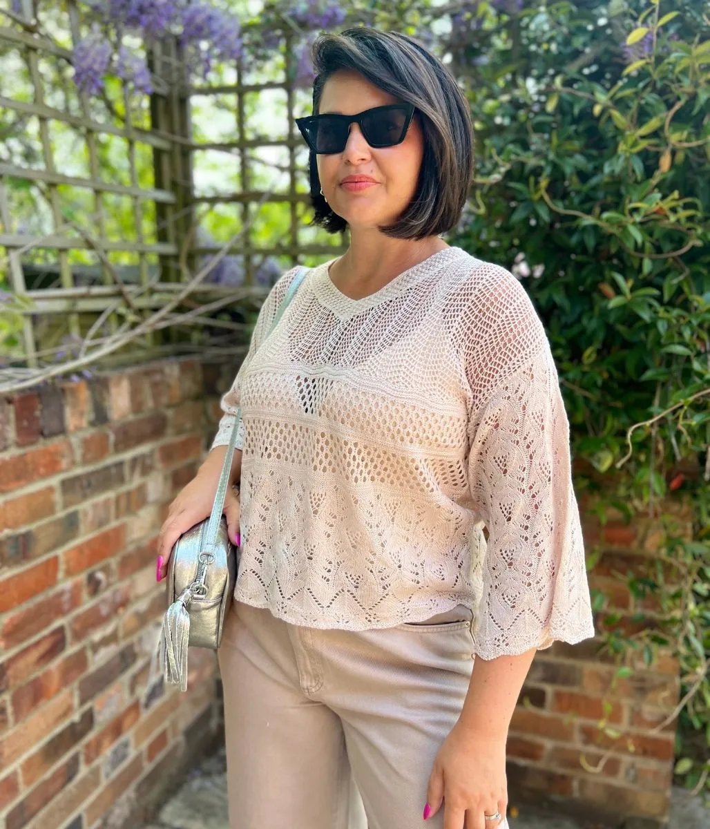 Blush Crochet V Neck Top Silicone Print Detail AntiFade Treatment