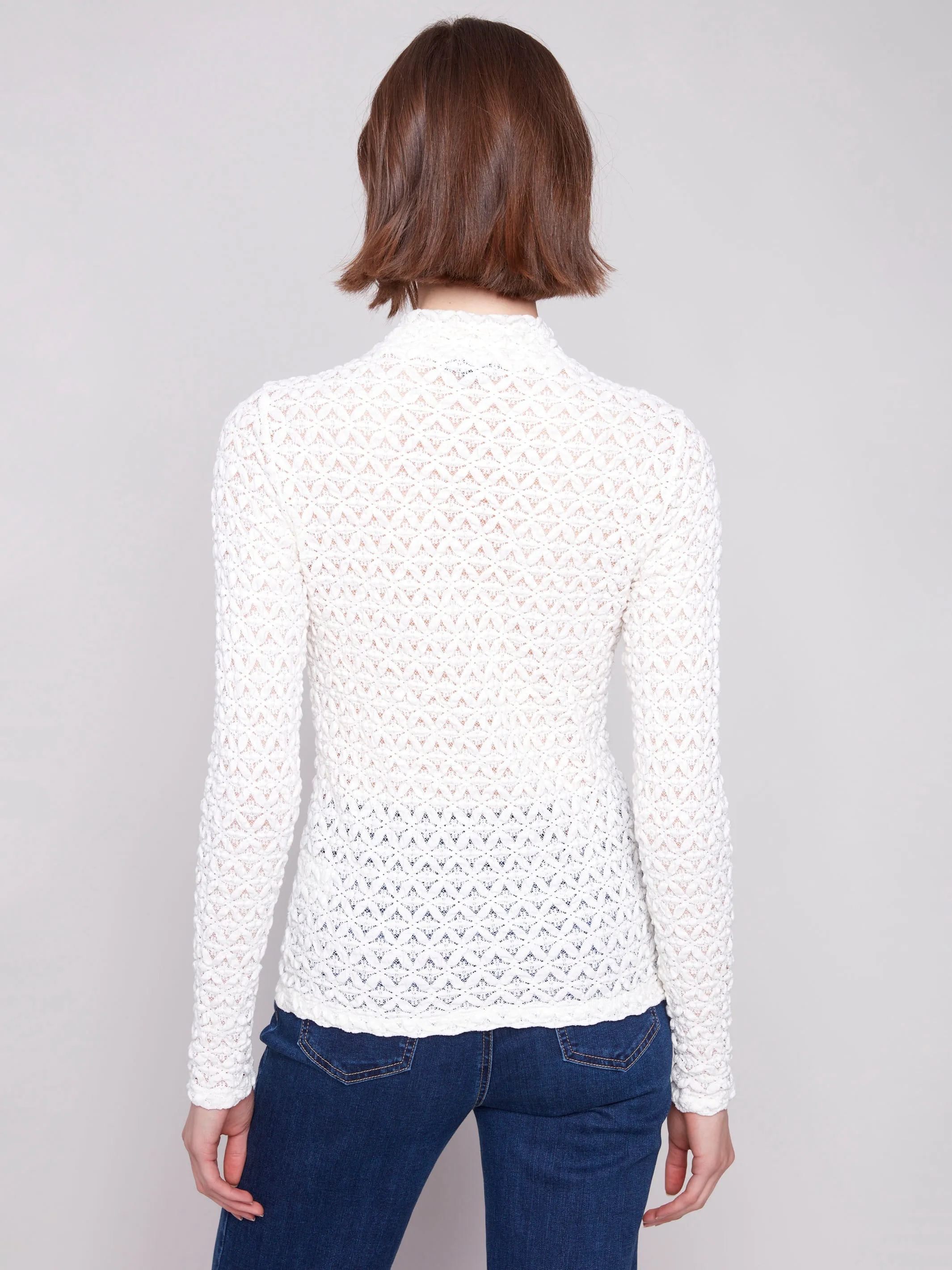 Layered Collar Design BrushedInnerSurface Lace Mock Neck Top - Ecru