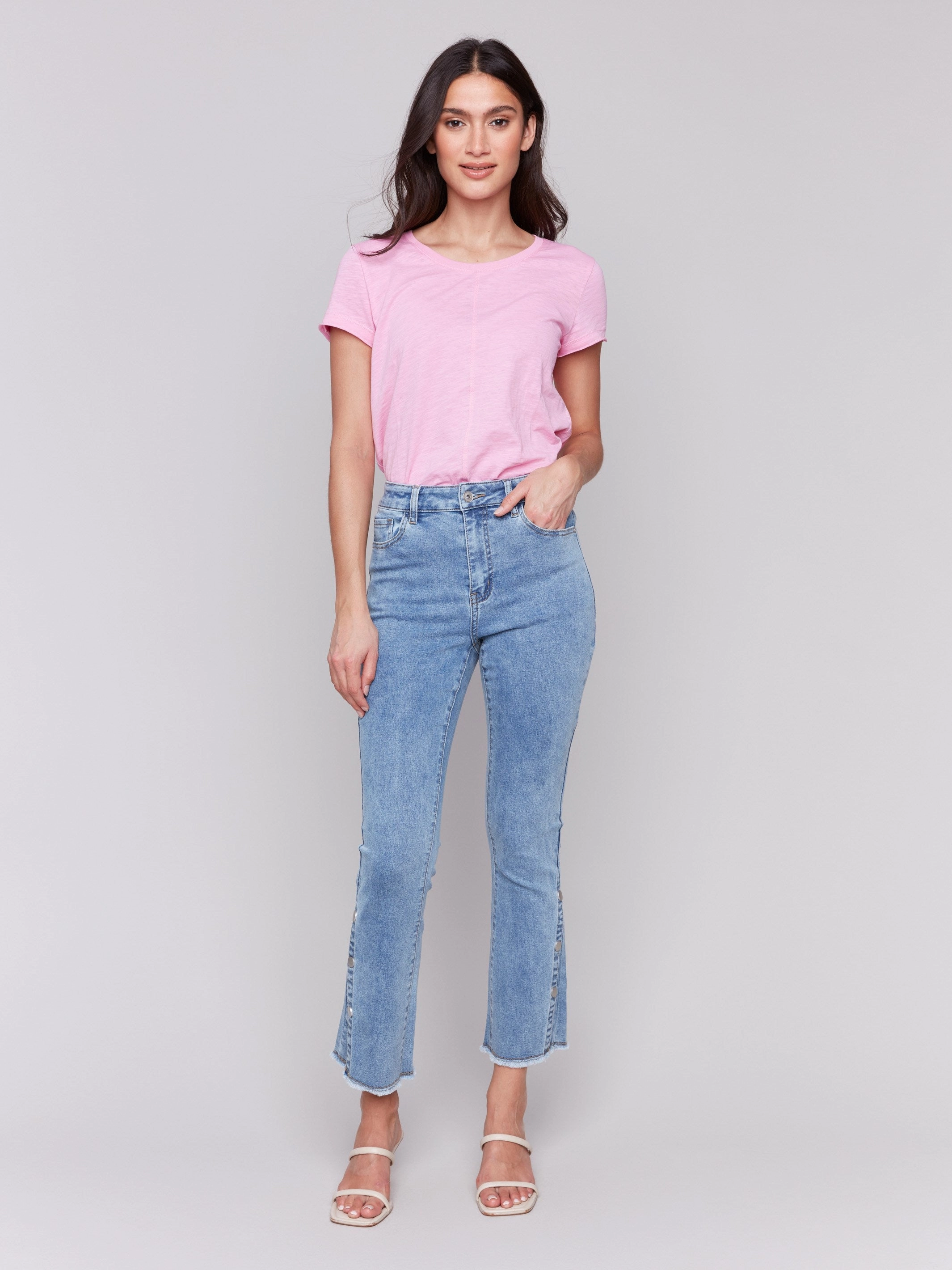 City Walk Comfy Weekend Getaway Bootcut Jeans with Side Snap Detail - Light Blue
