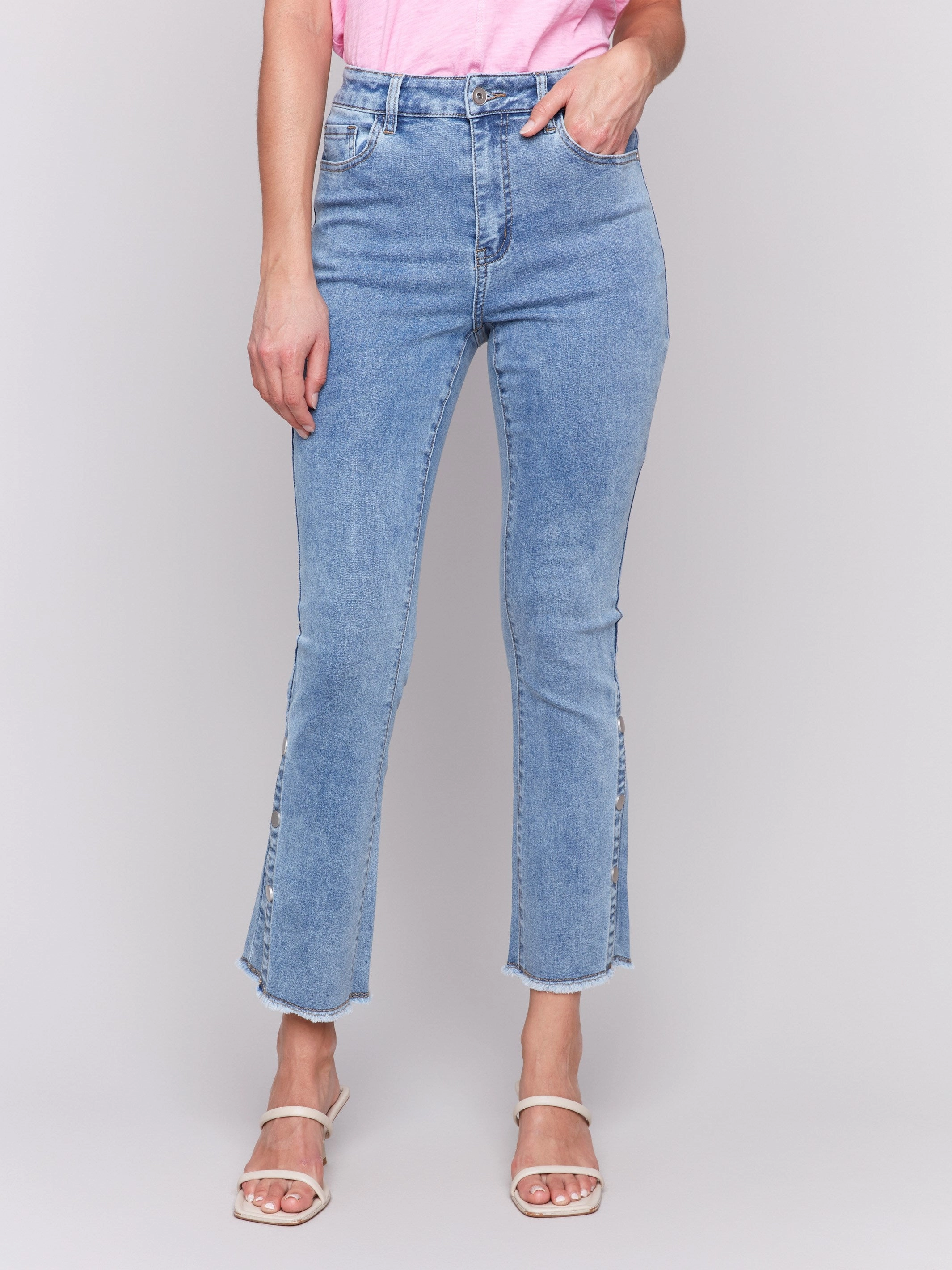 Work Friendly Bootcut Jeans with Side Snap Detail - Light Blue
