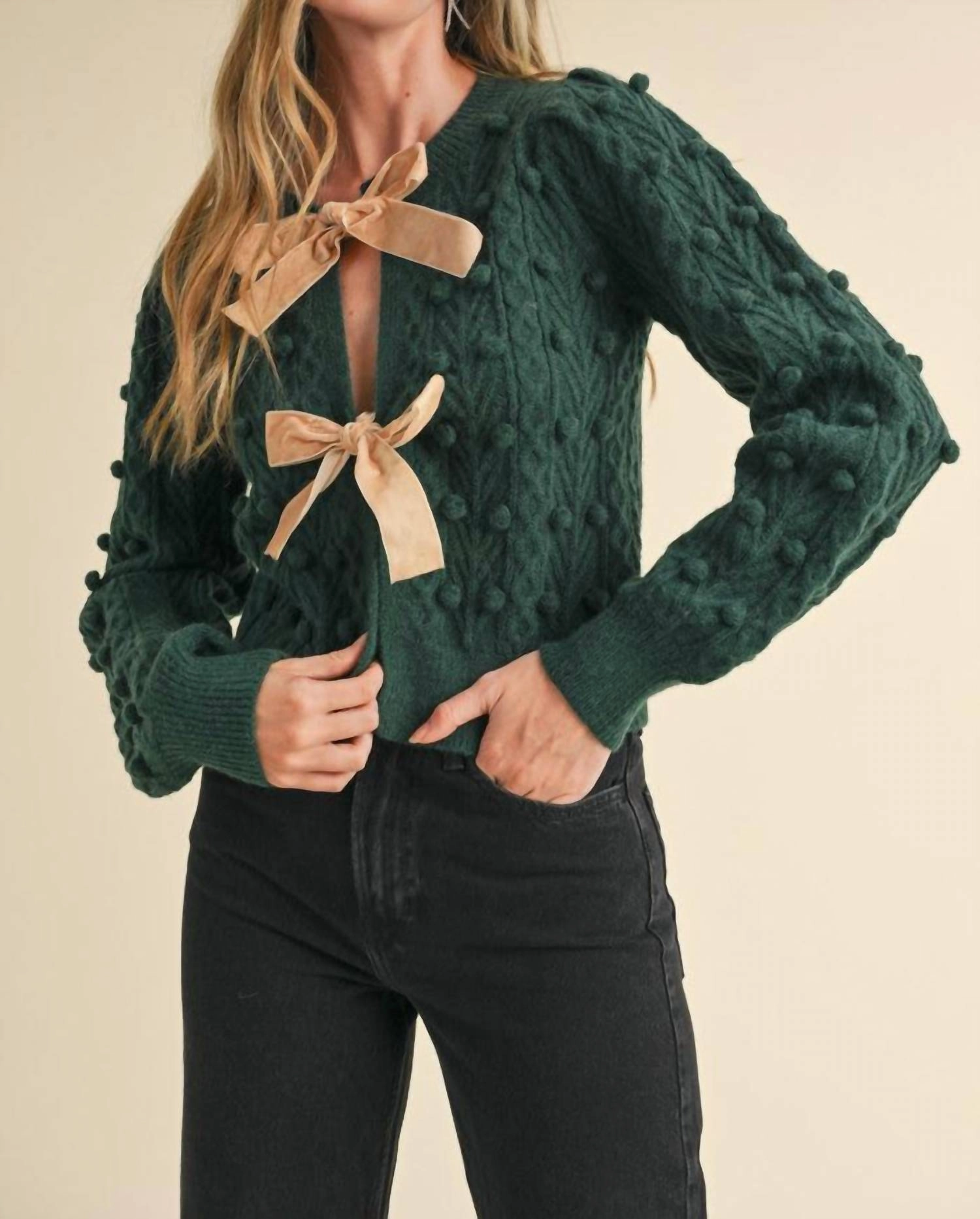 Bow Long Sleeve Cardigan In Hunter Green Knitted Comfort