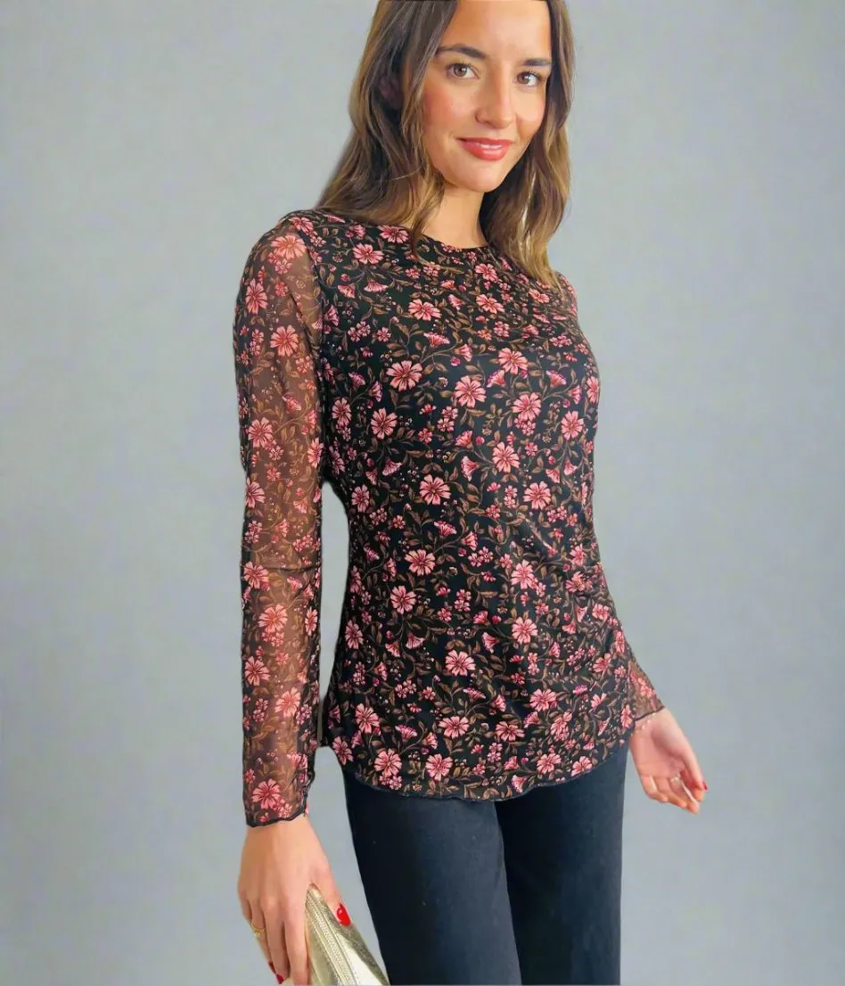 Black Floral Winnie Mesh Top Neutral Tone Stitching