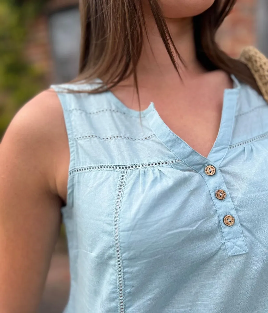 Sage Dobby Sleeveless Blouse Bound Edges