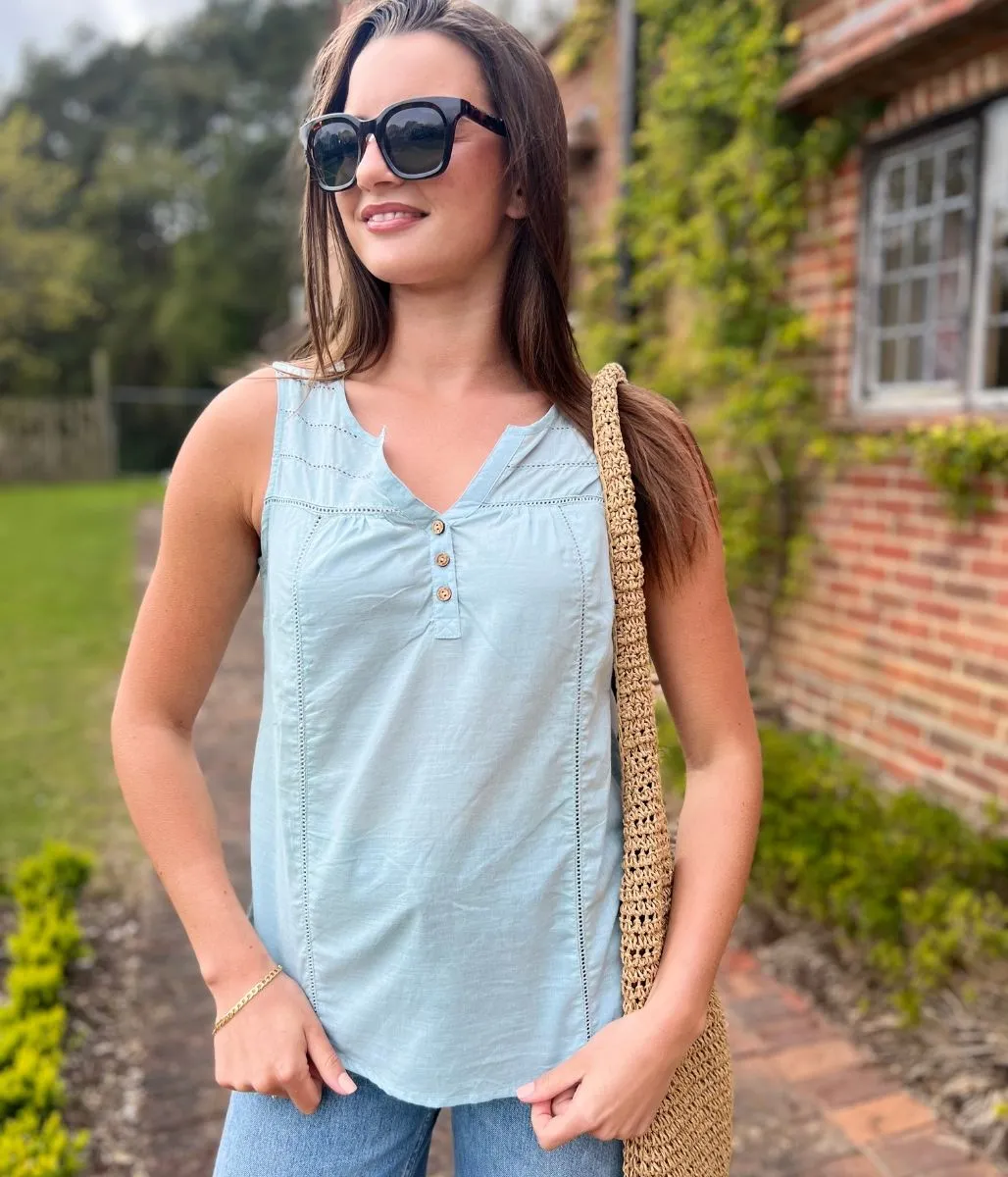 Sage Dobby Sleeveless Blouse Eco Friendly Dye GarmentWashedFinish