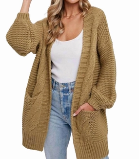 Chunky Cable Knit Cardigan In Olive Layered Look