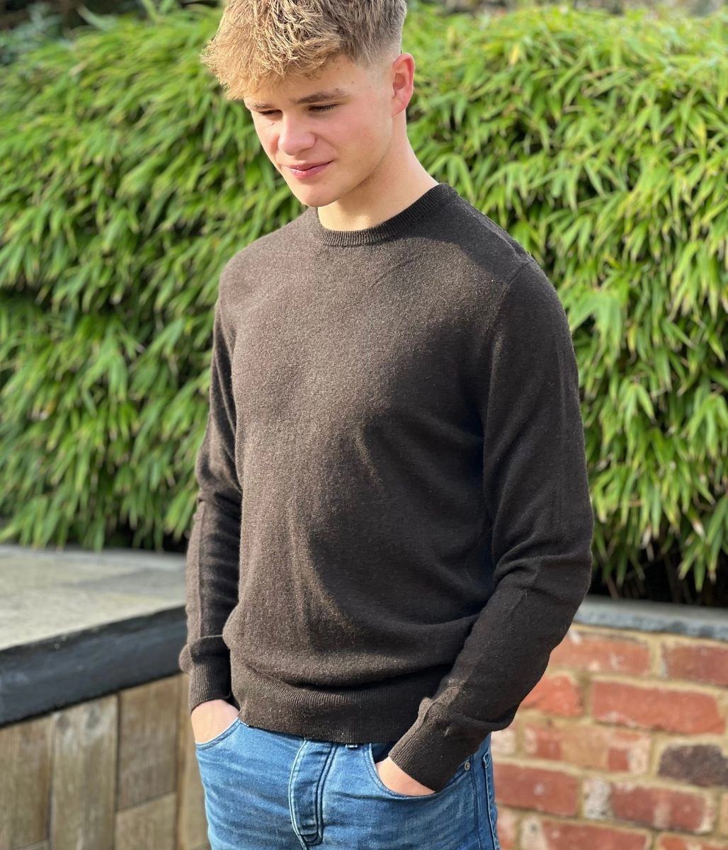 Warm Essentials Chilly Days Chocolate Brown Mens Wool & Cashmere Blend Crew Neck Jumper