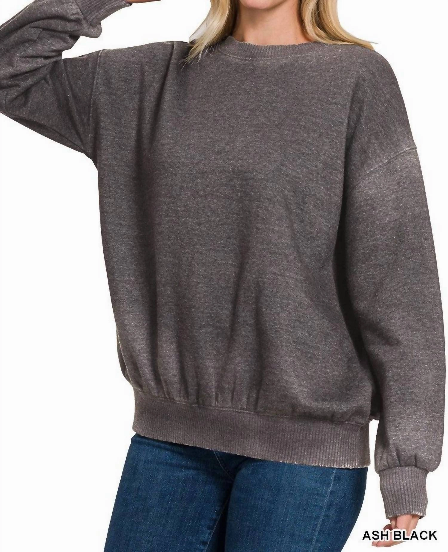Mila Acid Wash Pullover In Ash Black Anti Pilling Finish Ribbed cuff