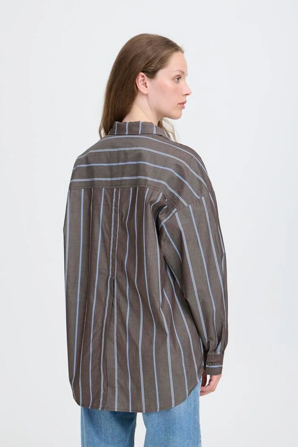 YONDER BROWN STRIPE BUTTON DOWN LatticeKnit Printed Blouse