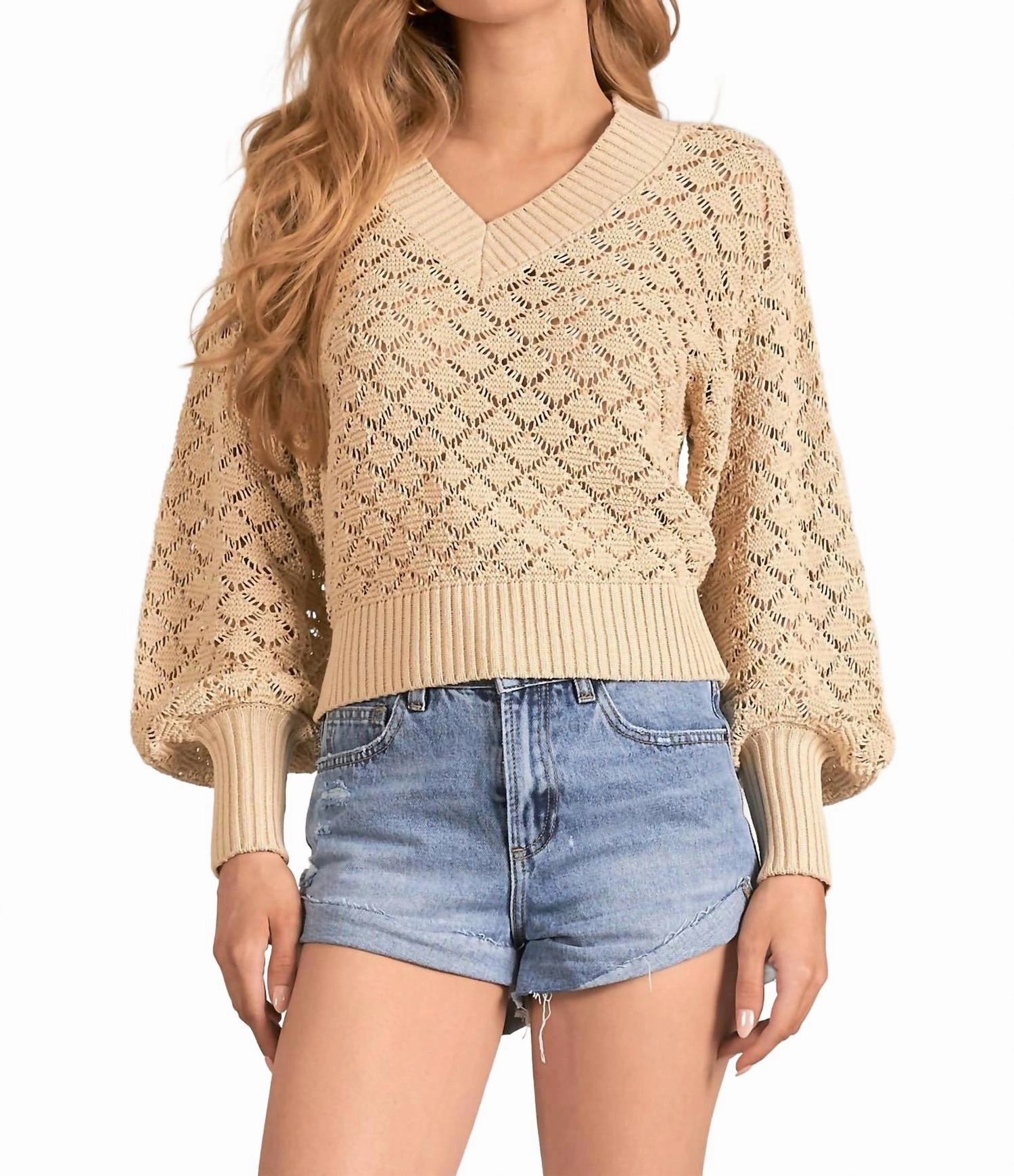 Comfortable Design Multi Panel Construction Brie V-Neck Long Sleeve Sweater In Sand