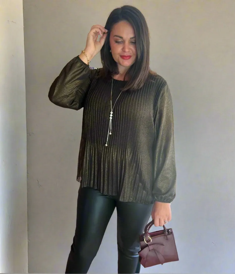 Zero Waste Cut Pattern Low Profile Seaming Bronze Pleated Glitter Necklace Top